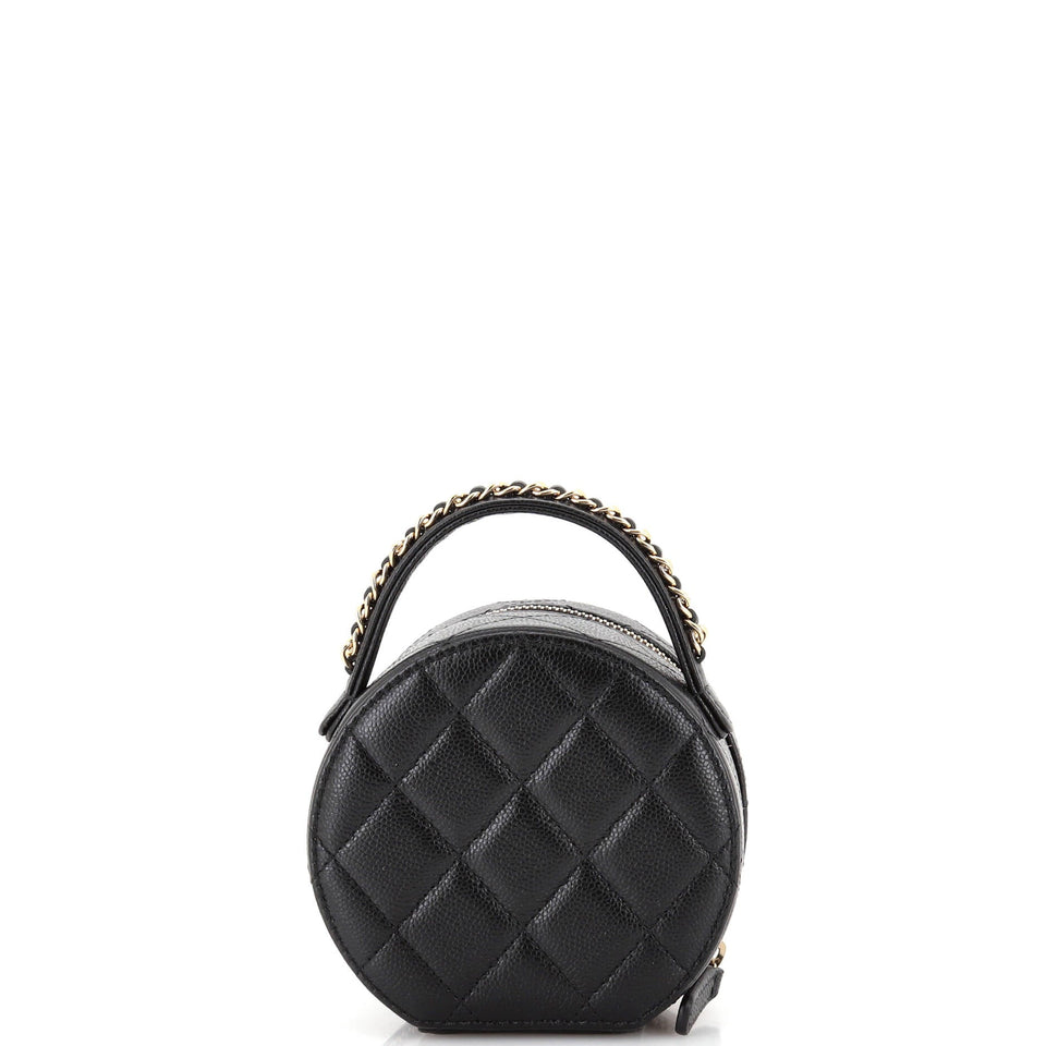 Chain Handle Round Jewelry Box Quilted Caviar