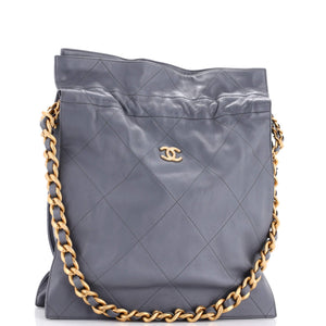 CC Chain Drawstring Shopping Bag Quilted Lambskin Large