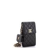 Textured CC Flap Phone Holder Crossbody Bag with AirPods Pro Case Quilted Caviar