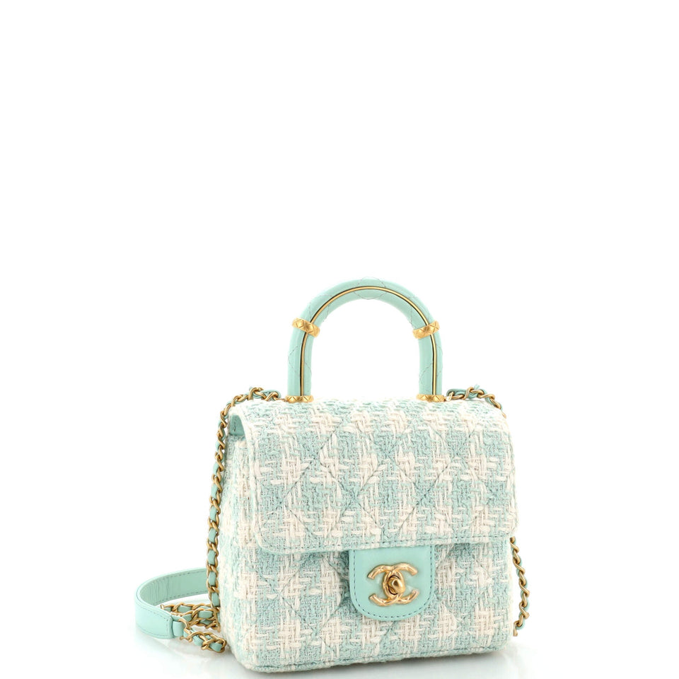 Crush Top Handle Flap Bag Quilted Tweed Mini