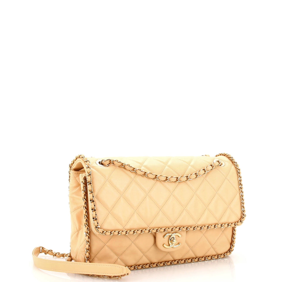 Running Chain Around Flap Bag Quilted Crumpled Calfskin Large