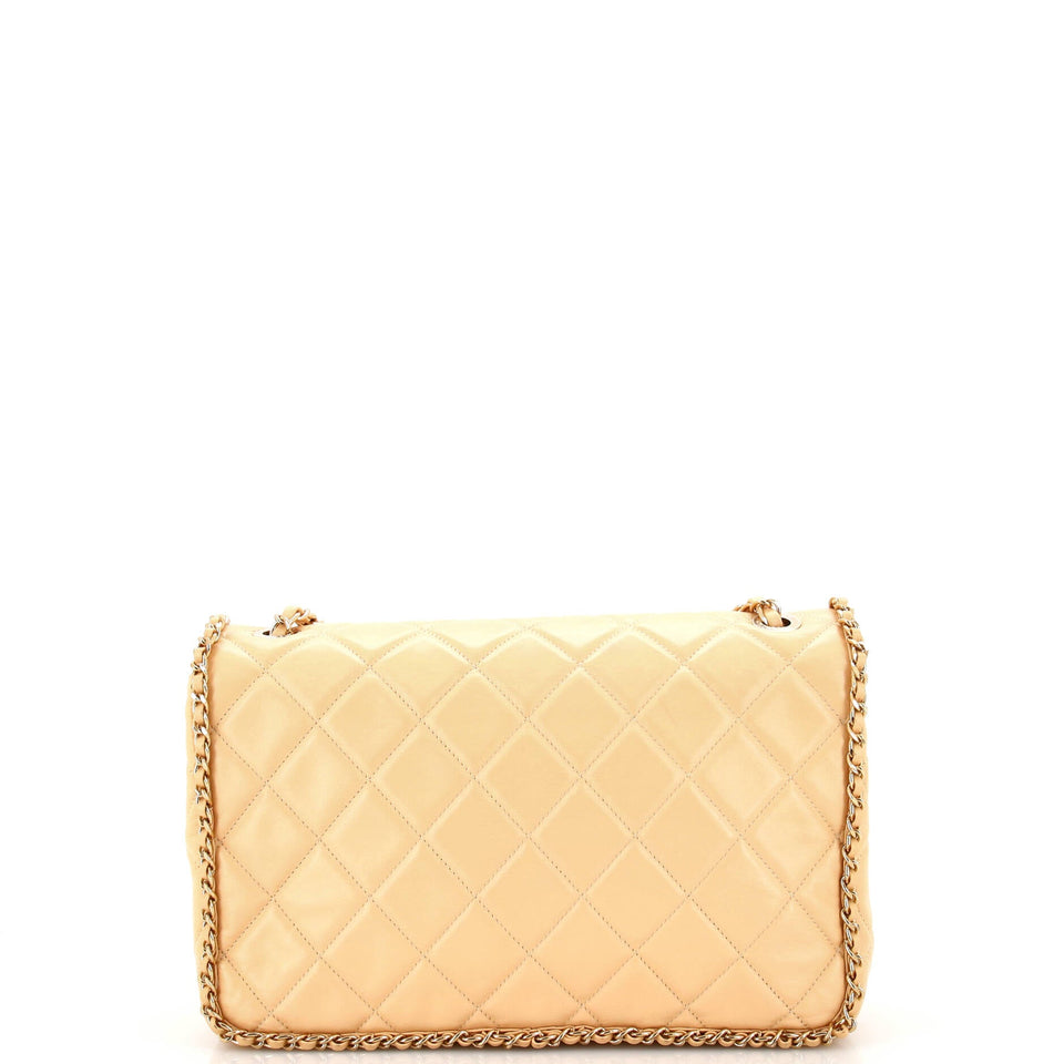 Running Chain Around Flap Bag Quilted Crumpled Calfskin Large