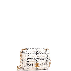CC Chain Flap Bag Tweed Effect Braided Raffia Mini