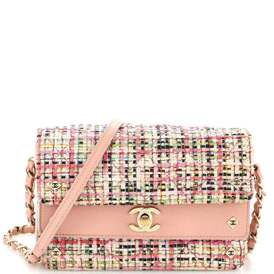 CC Stud Double Flap Bag Quilted Tweed with Leather Small