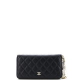 Zip Around Wallet with Pearl Chain Quilted Lambskin Long