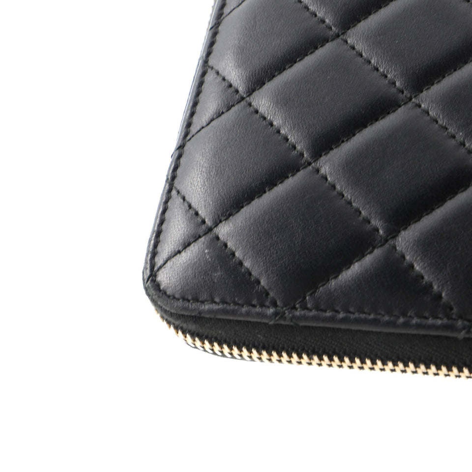Zip Around Wallet with Pearl Chain Quilted Lambskin Long