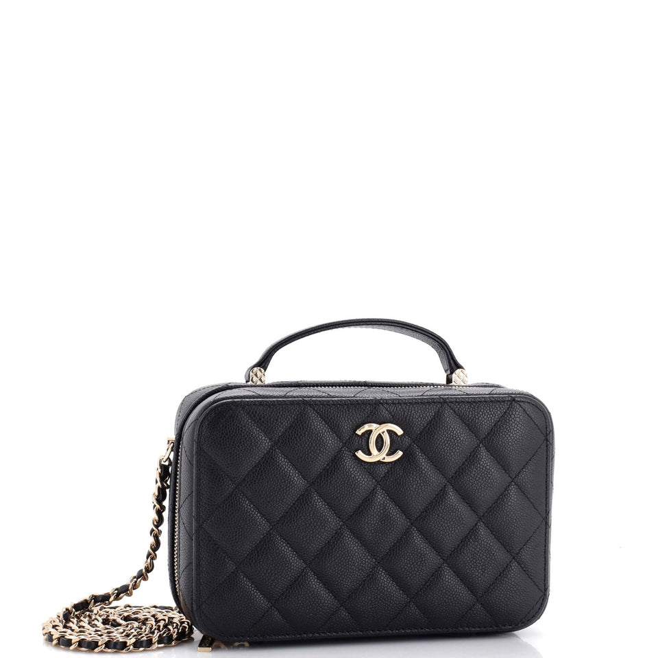 CC Zip Around Top Handle Vanity Case with Chain Quilted Caviar Small