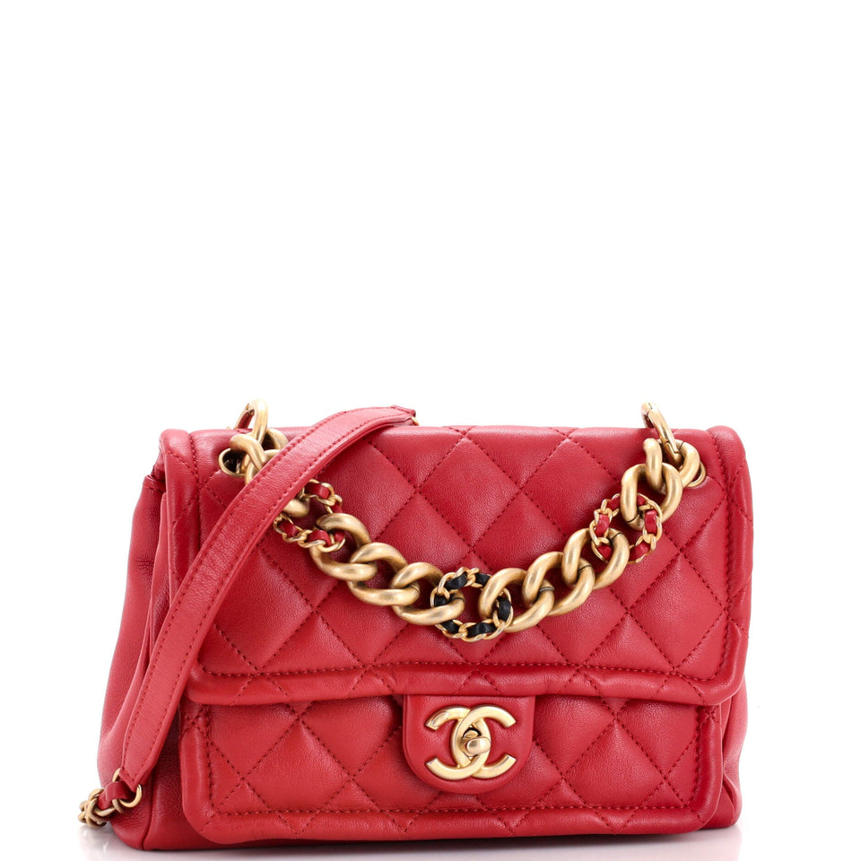 Woven Chain Link CC Top Handle Flap Bag Quilted Lambskin Small