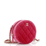 Pearl Crush Round Clutch with Chain Quilted Velvet with Crystal Detail