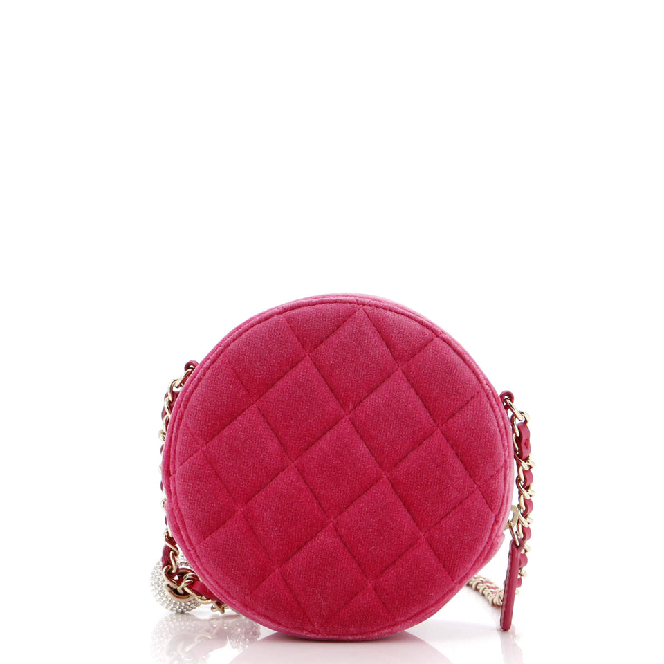 Pearl Crush Round Clutch with Chain Quilted Velvet with Crystal Detail