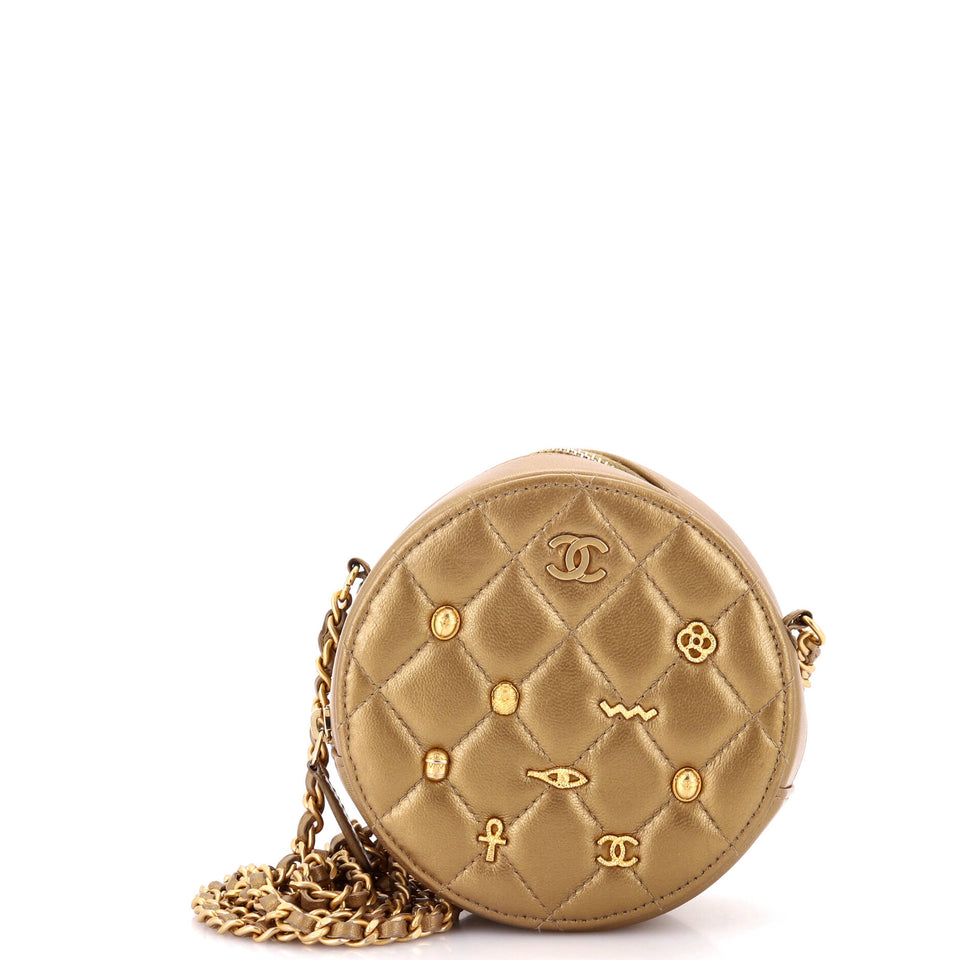 Egyptian Amulet Round Chain Clutch Quilted Calfskin Mini