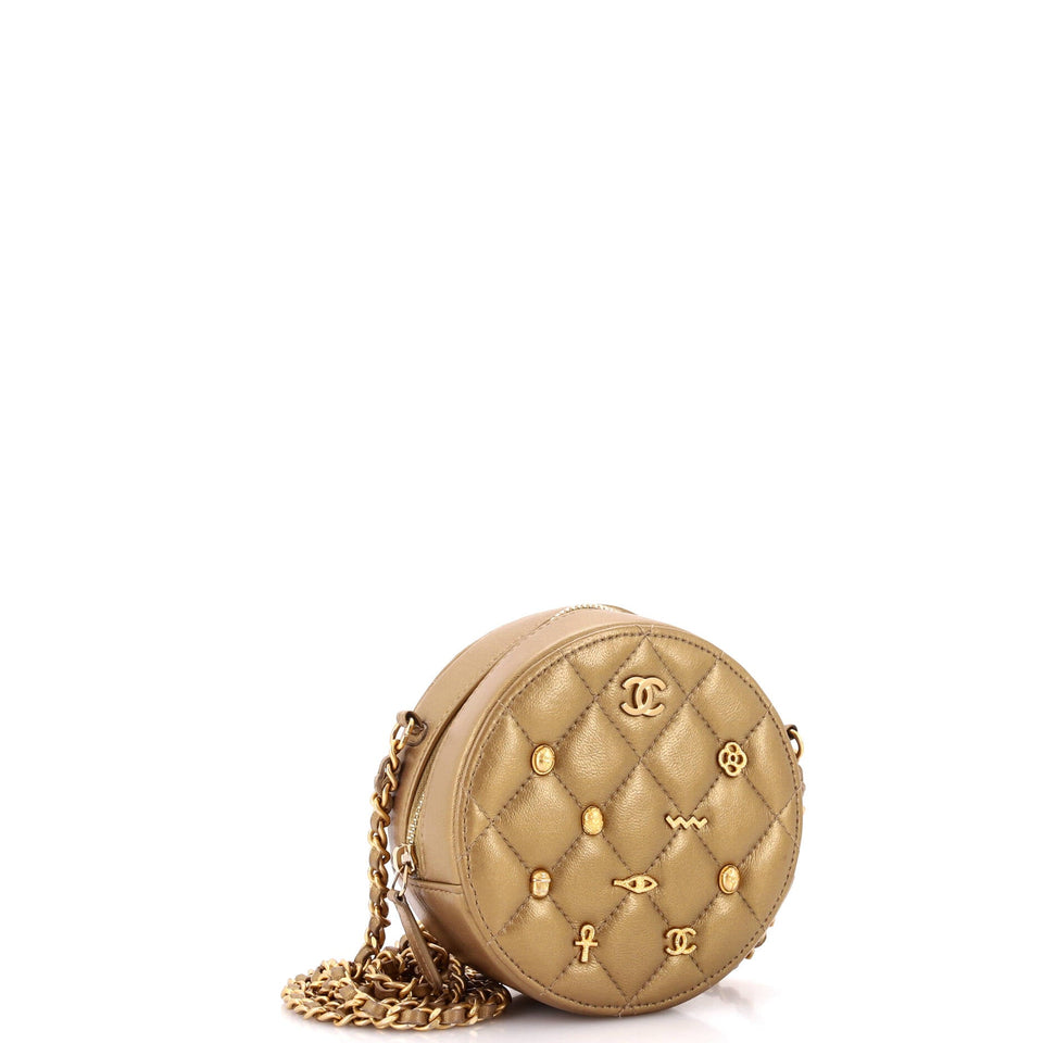 Egyptian Amulet Round Chain Clutch Quilted Calfskin Mini