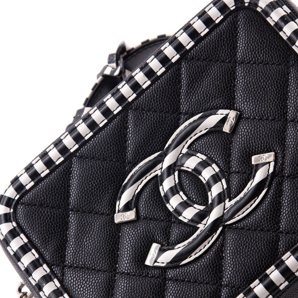 Filigree Vanity Case Quilted Caviar with Striped Leather Small