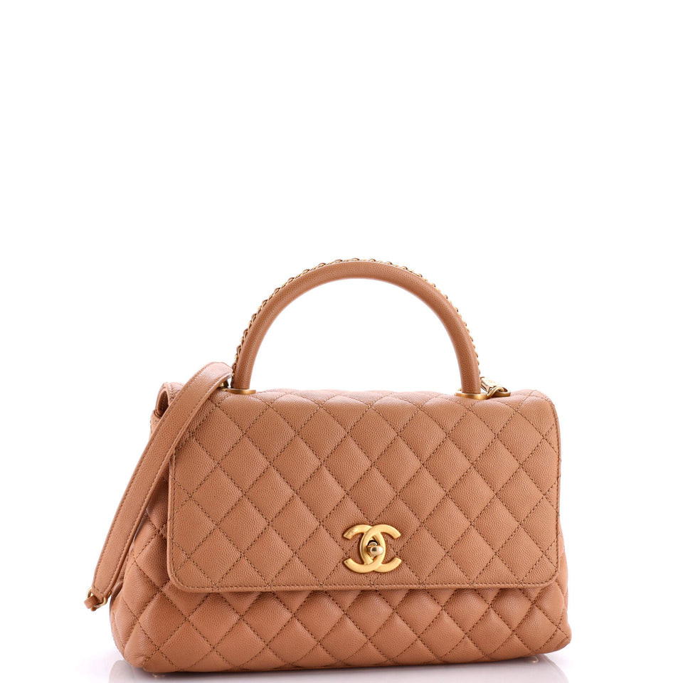 Coco Top Handle Bag Quilted Caviar with Chain Detail Handle Small