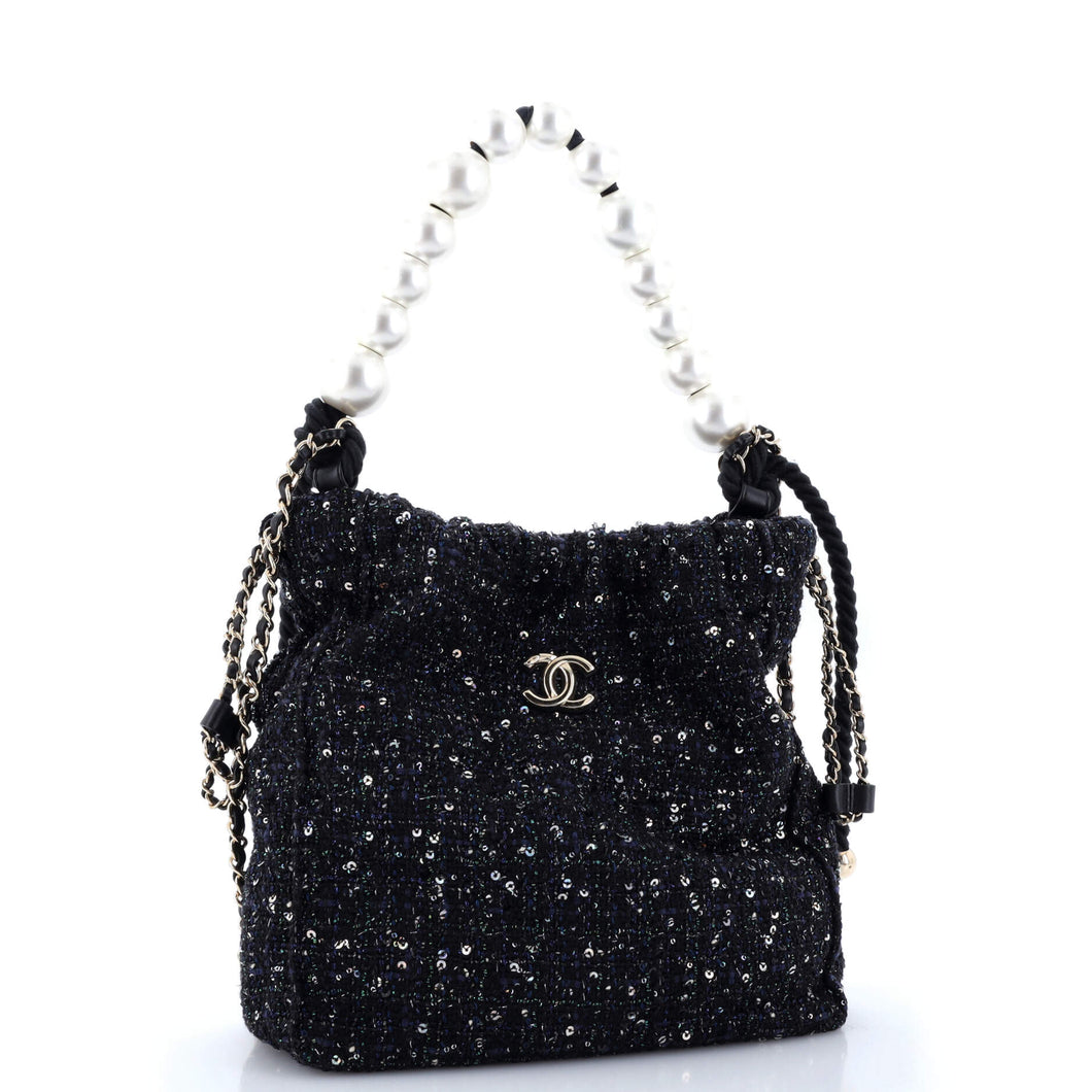 Pearl Drawstring Bag Sequin Embellished Tweed