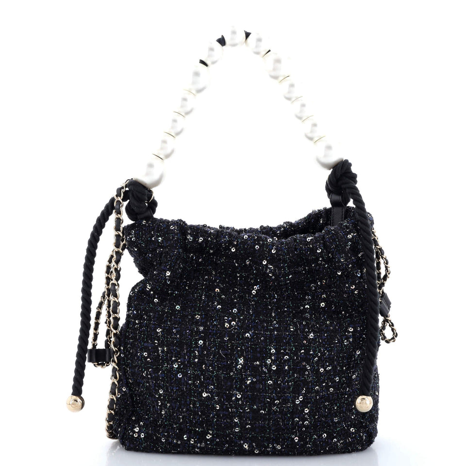 Pearl Drawstring Bag Sequin Embellished Tweed