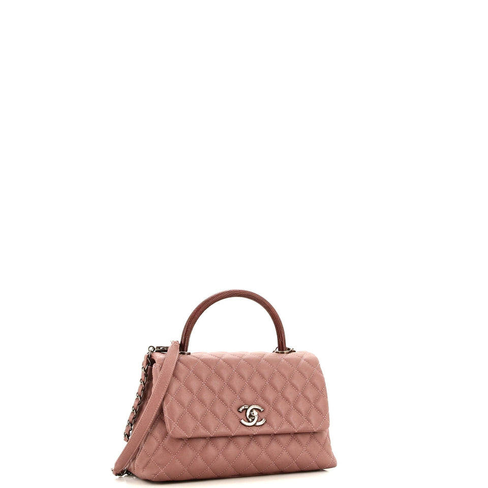 Coco Top Handle Bag Quilted Caviar with Lizard Small