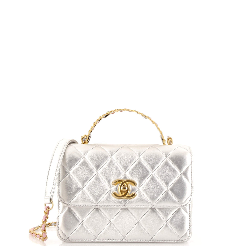 Logo Links Top Handle Flap Bag Quilted Calfskin Mini