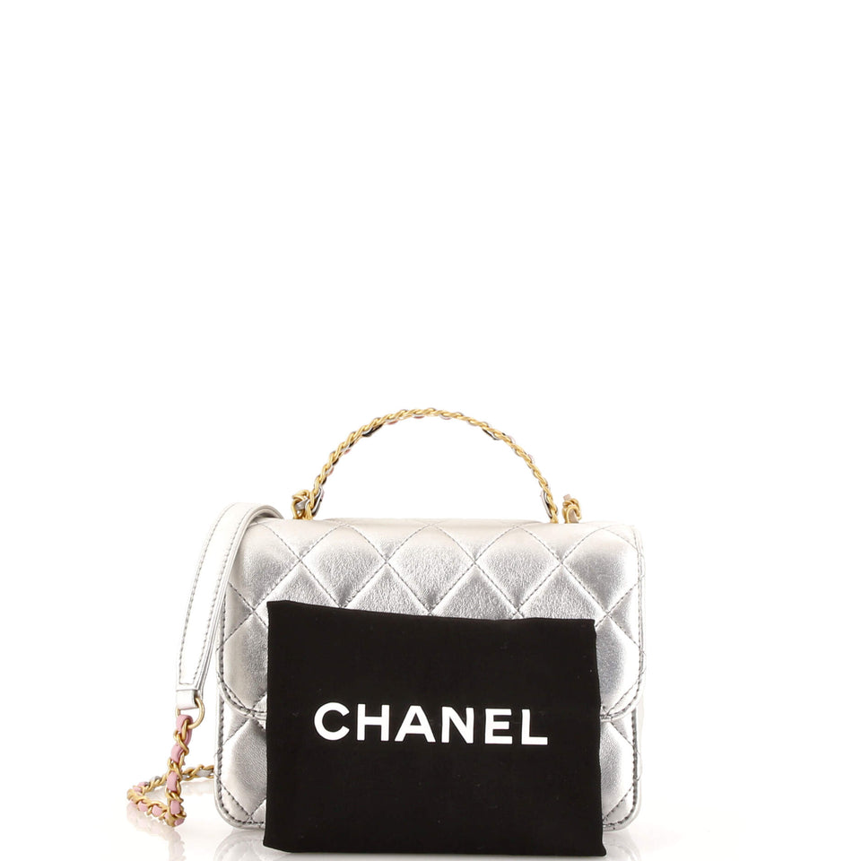 Logo Links Top Handle Flap Bag Quilted Calfskin Mini