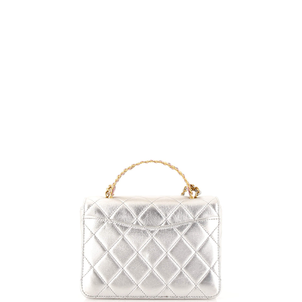 Logo Links Top Handle Flap Bag Quilted Calfskin Mini