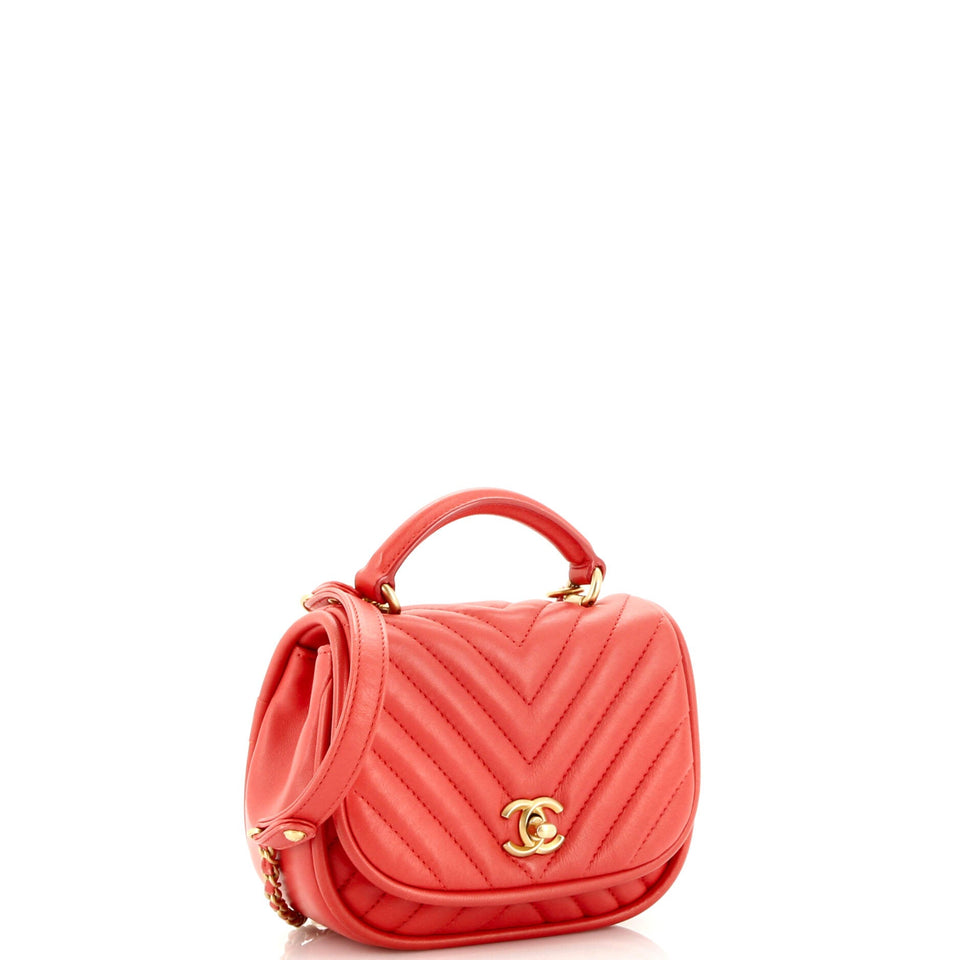 Reversed Round Flap Bag Chevron Lambskin Mini