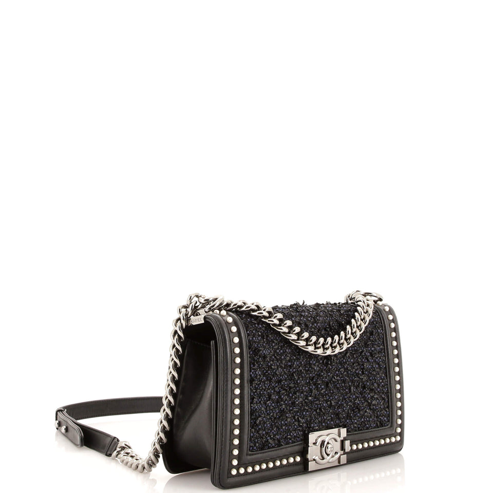 Boy Flap Bag Quilted Tweed with Pearl Embellished Calfskin Old Medium