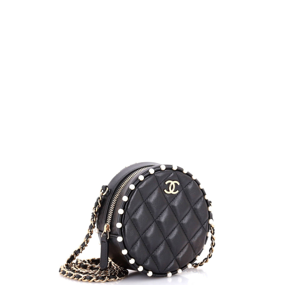 Round Clutch with Chain Quilted Calfskin with Pearl Detail