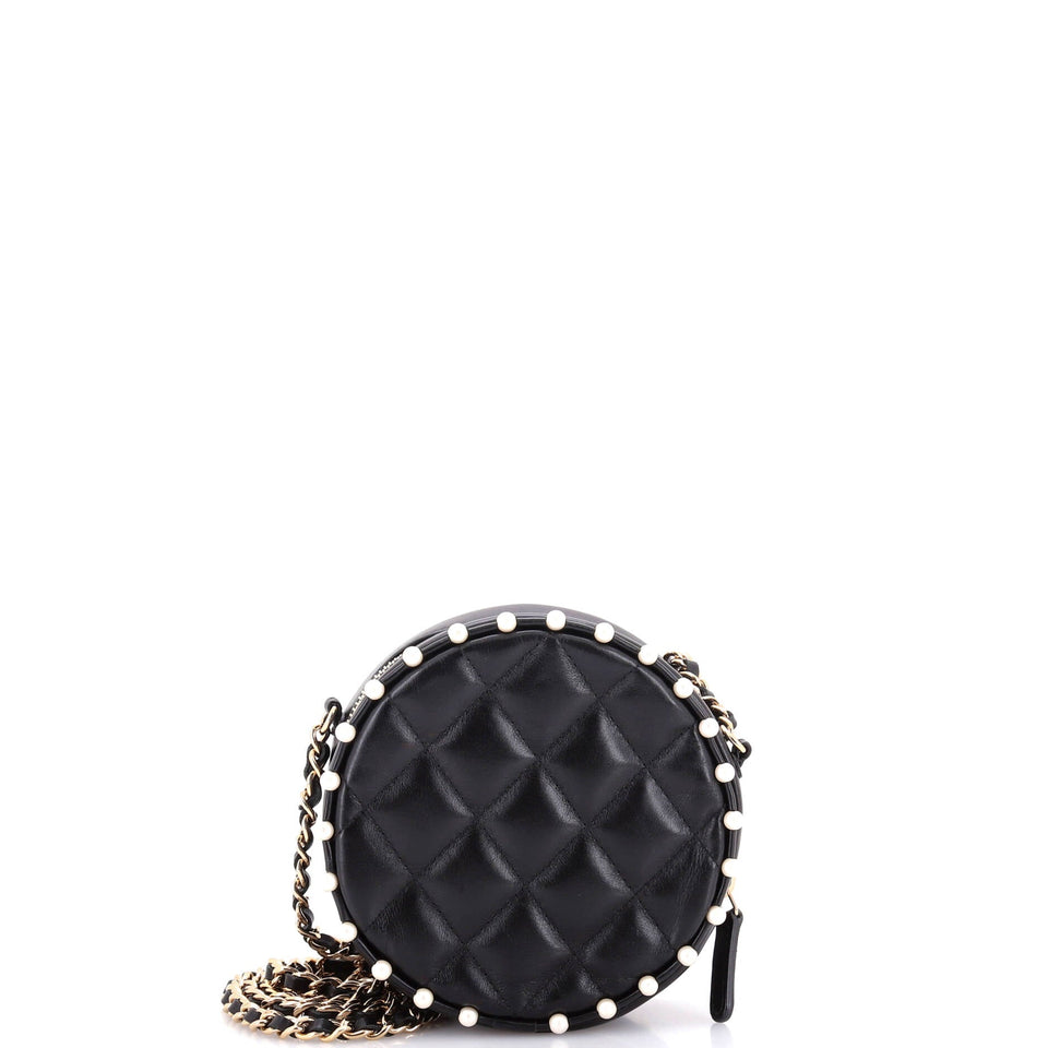 Round Clutch with Chain Quilted Calfskin with Pearl Detail