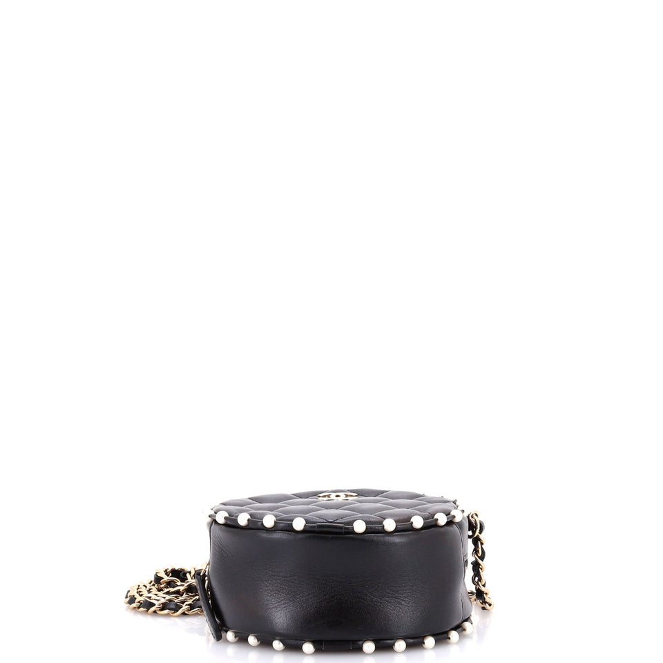Round Clutch with Chain Quilted Calfskin with Pearl Detail