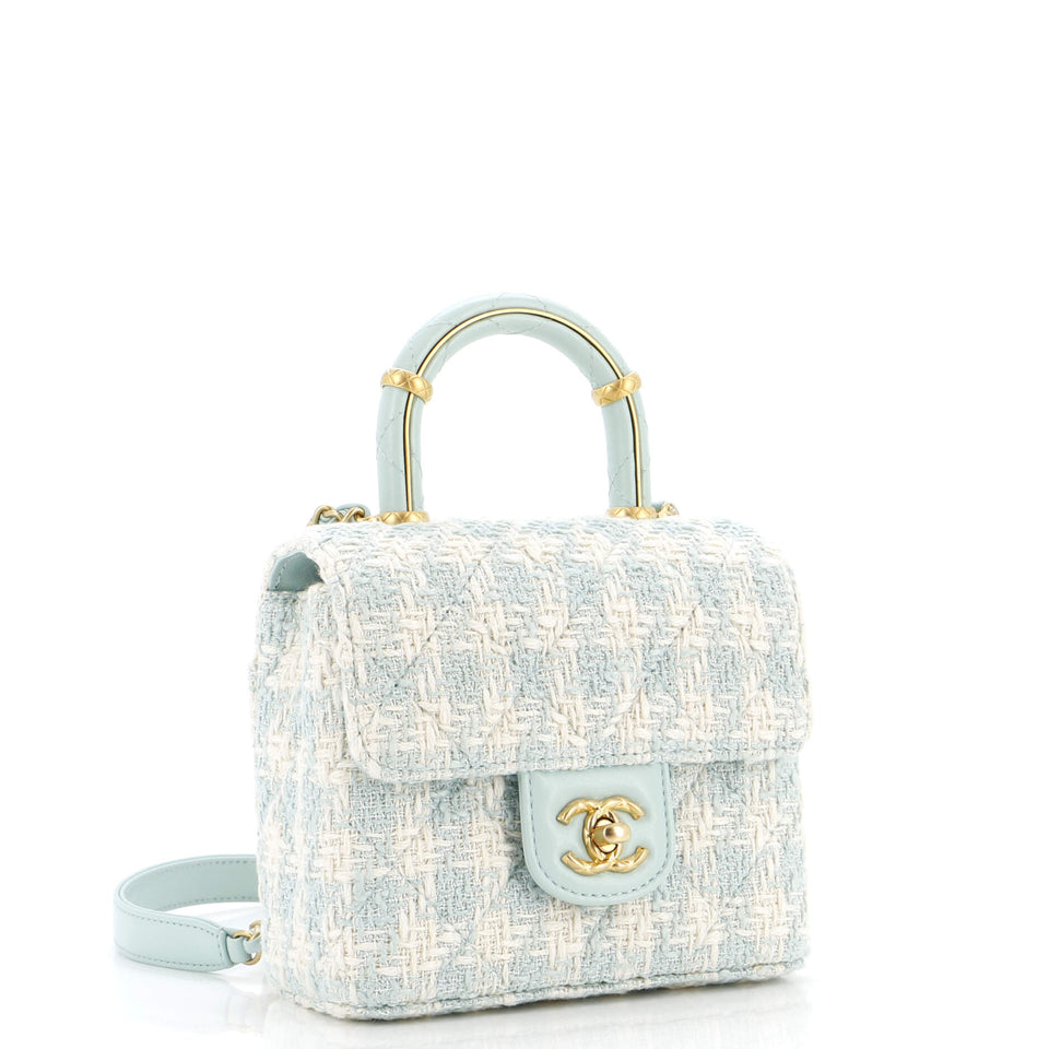 Crush Top Handle Flap Bag Quilted Tweed Mini