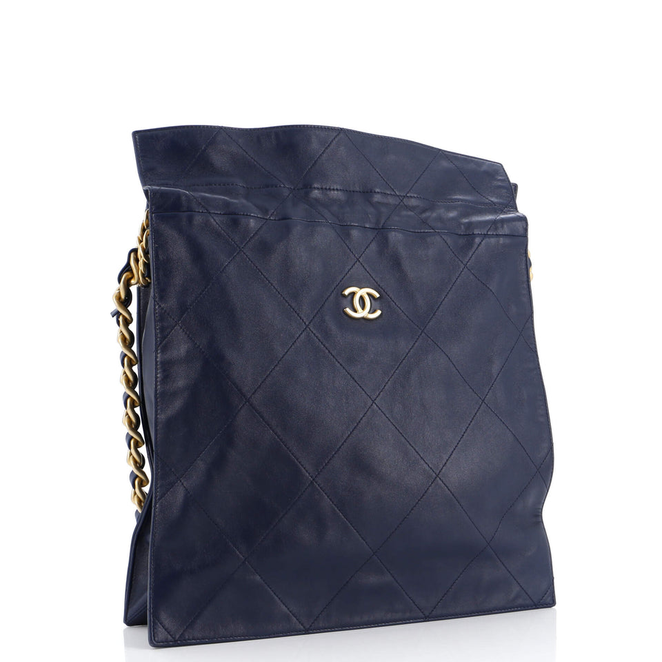CC Chain Drawstring Shopping Bag Quilted Lambskin Large