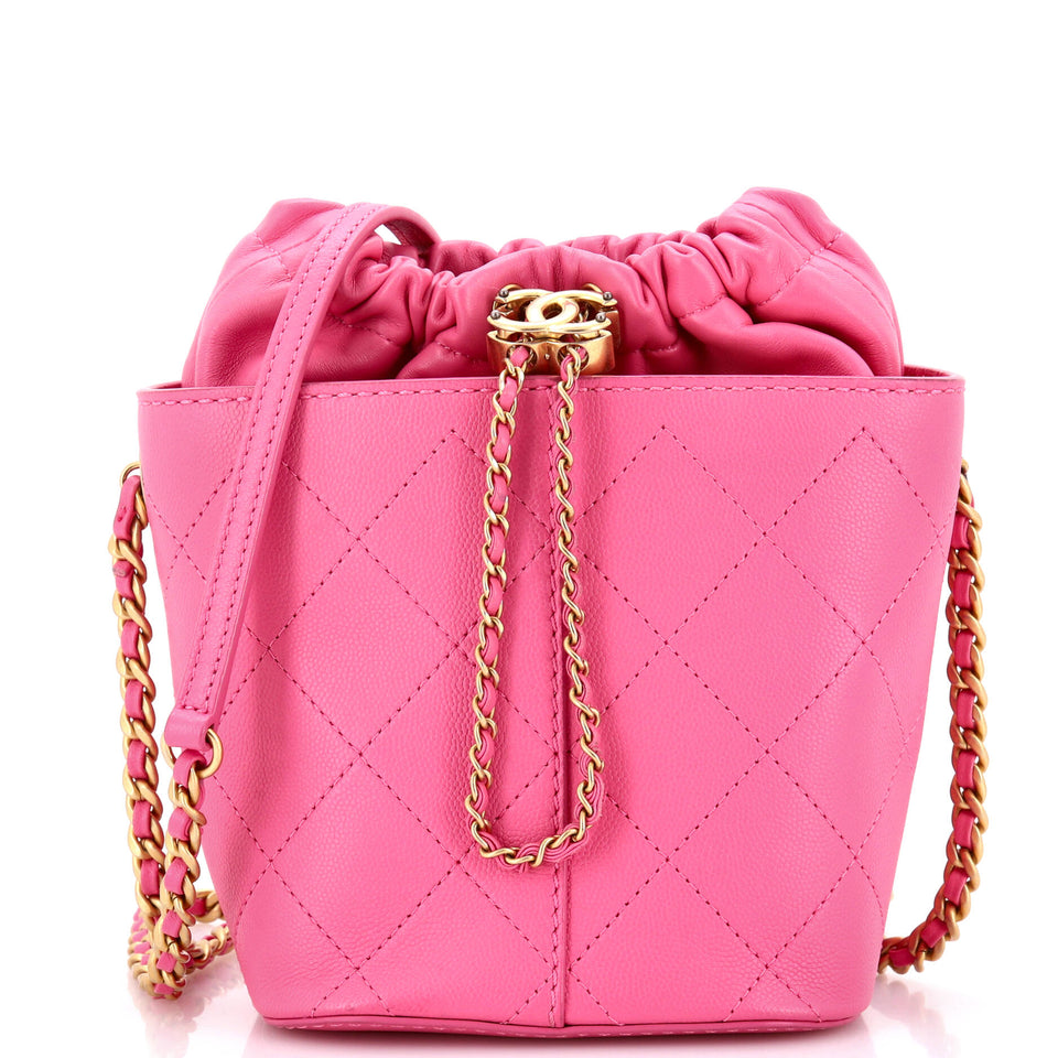 CC Drawstring Bucket Bag Quilted Caviar with Lambskin Small
