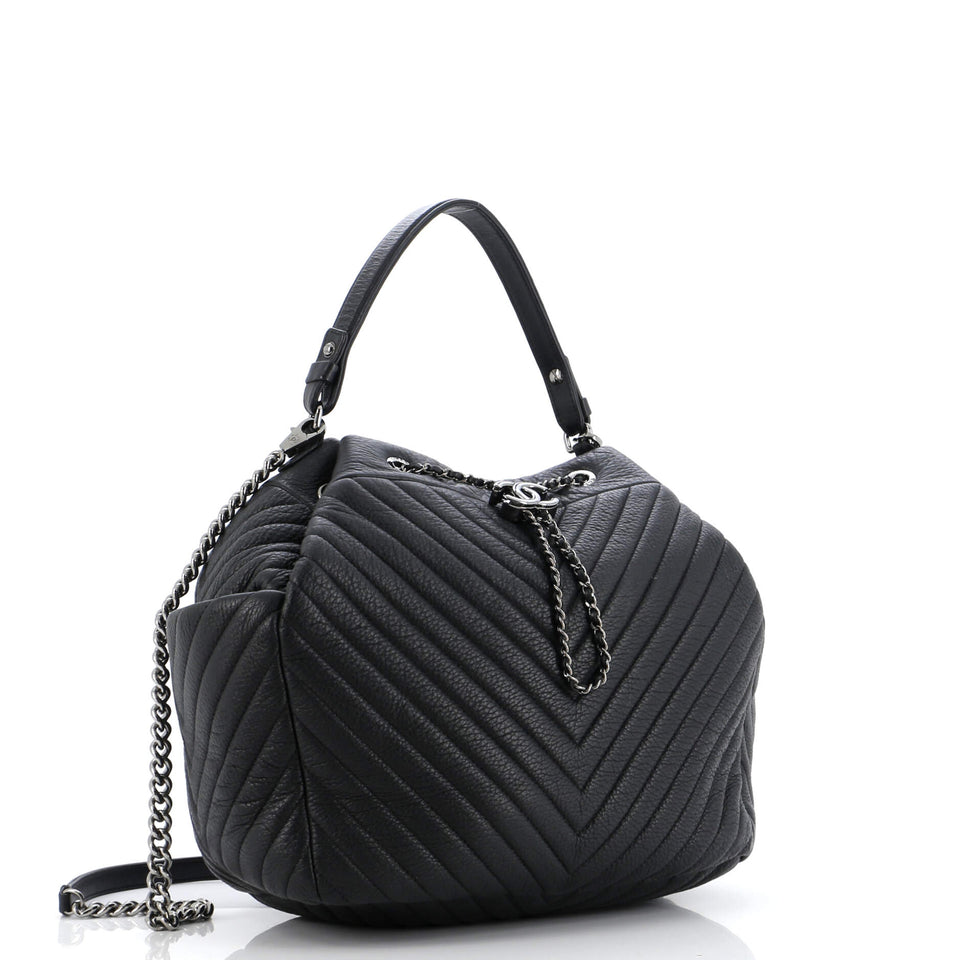 CC Chain Drawstring Bucket Bag Chevron Sheepskin Medium