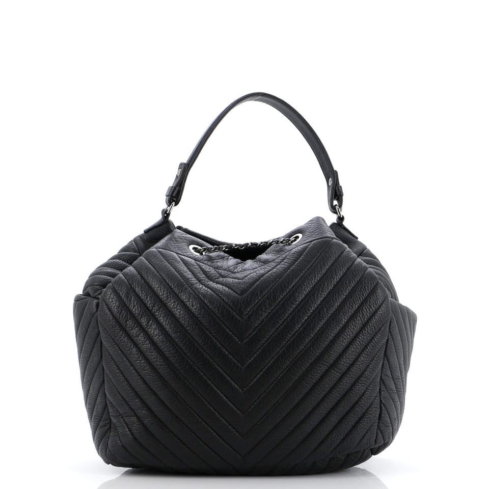 CC Chain Drawstring Bucket Bag Chevron Sheepskin Medium