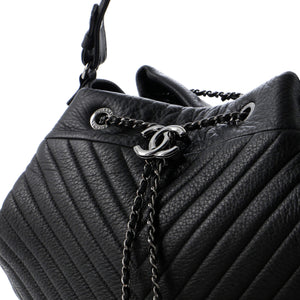 CC Chain Drawstring Bucket Bag Chevron Sheepskin Medium