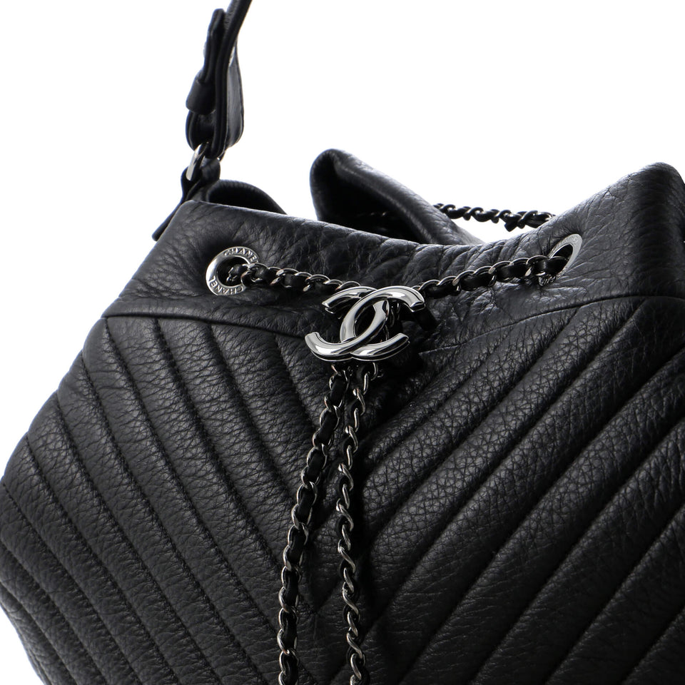 CC Chain Drawstring Bucket Bag Chevron Sheepskin Medium