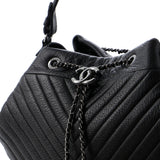 CC Chain Drawstring Bucket Bag Chevron Sheepskin Medium