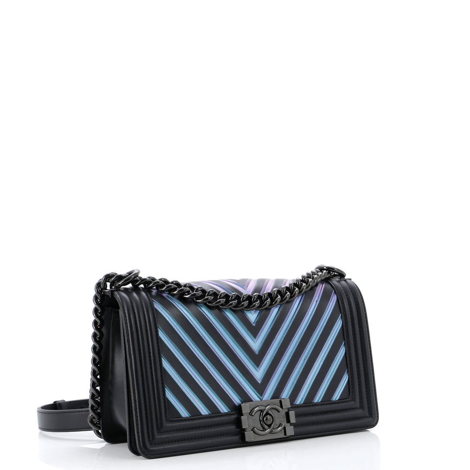 Boy Flap Bag Chevron Lambskin with Holographic PVC Old Medium