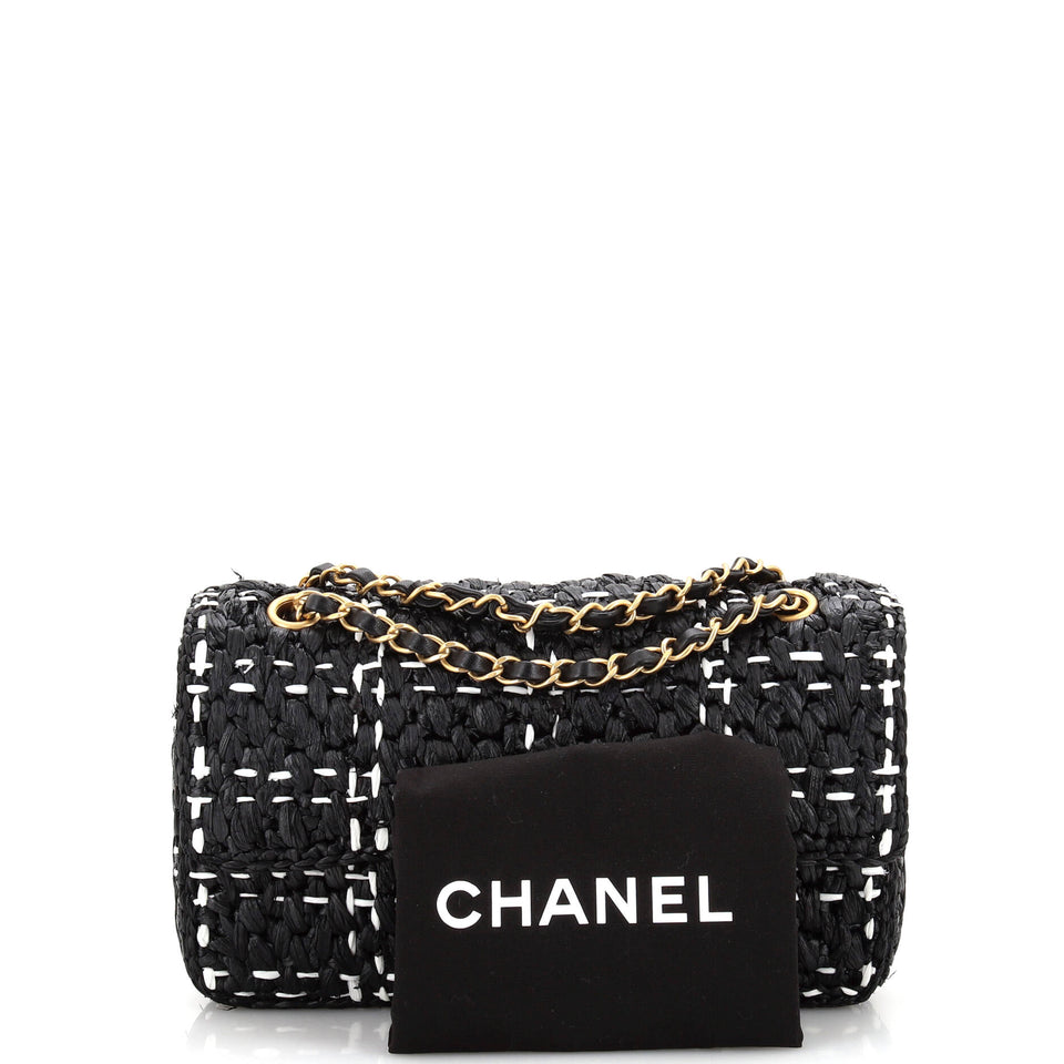 CC Chain Flap Bag Tweed Effect Braided Raffia Medium
