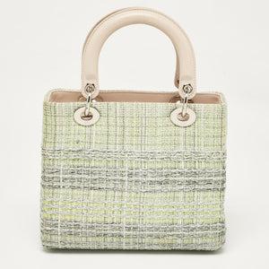 Dior Green/beige Leather And Tweed Medium Lady Dior Tote