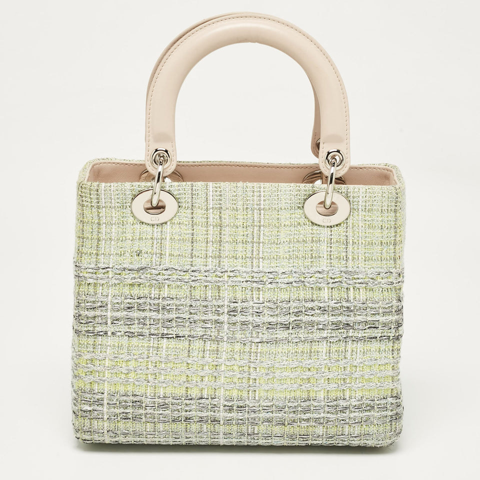 Dior Green/beige Leather And Tweed Medium Lady Dior Tote