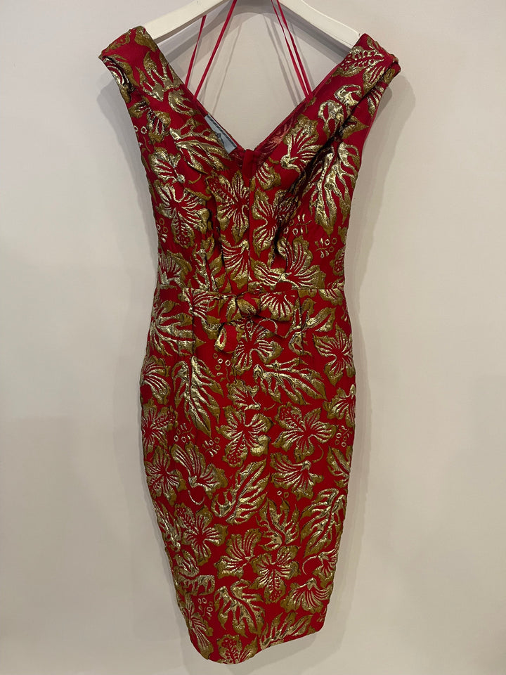 Prada Red & Gold Midi Dress with Floral & Bow Detail Size IT 40 (UK 8)