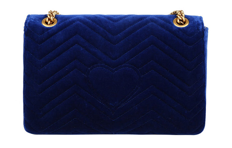 GUCCI GG Marmont Gold Label Logo Distress Velvet Chain Shoulder Messenger Bag Navy Blue 443496-K4D2T-4511