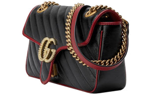 GUCCI GG Marmont Gold Logo Colorblock Leather Chain Shoulder Messenger Bag Small Black / Red Retro 443497-0OLFX-8277