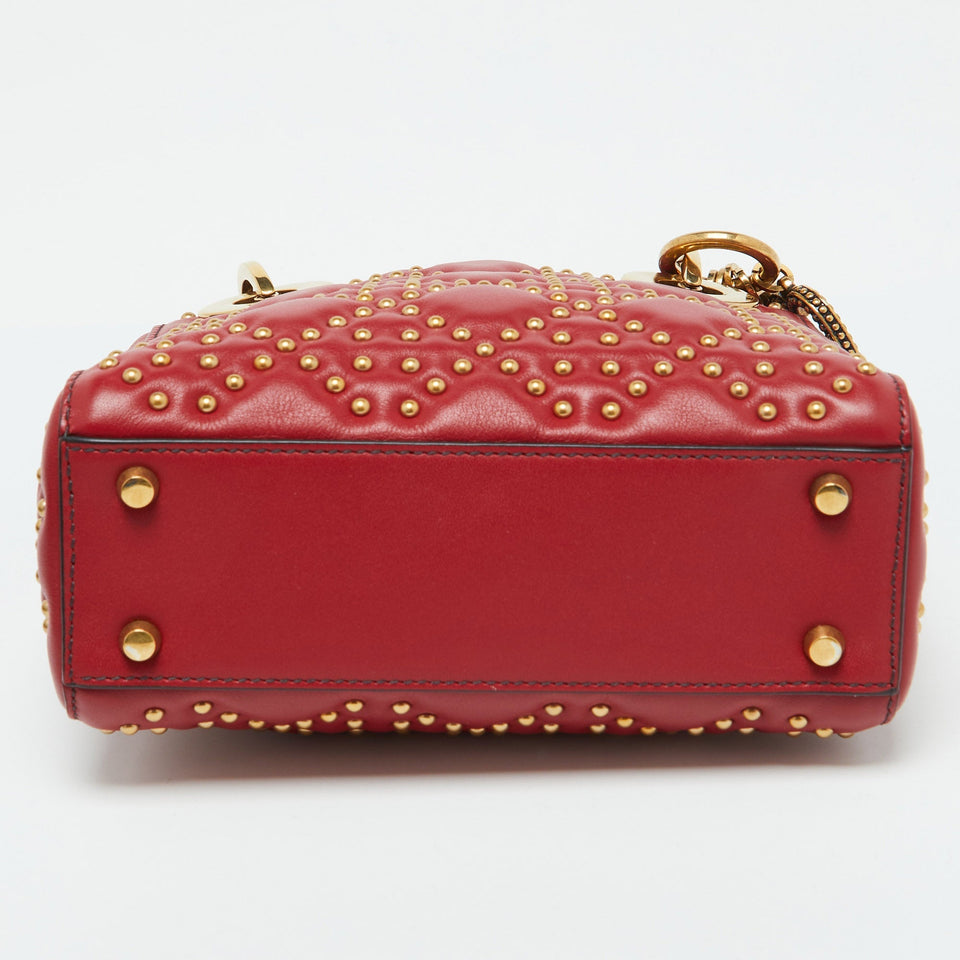 Dior Red Leather Mini Studded Supple Lady Dior Tote
