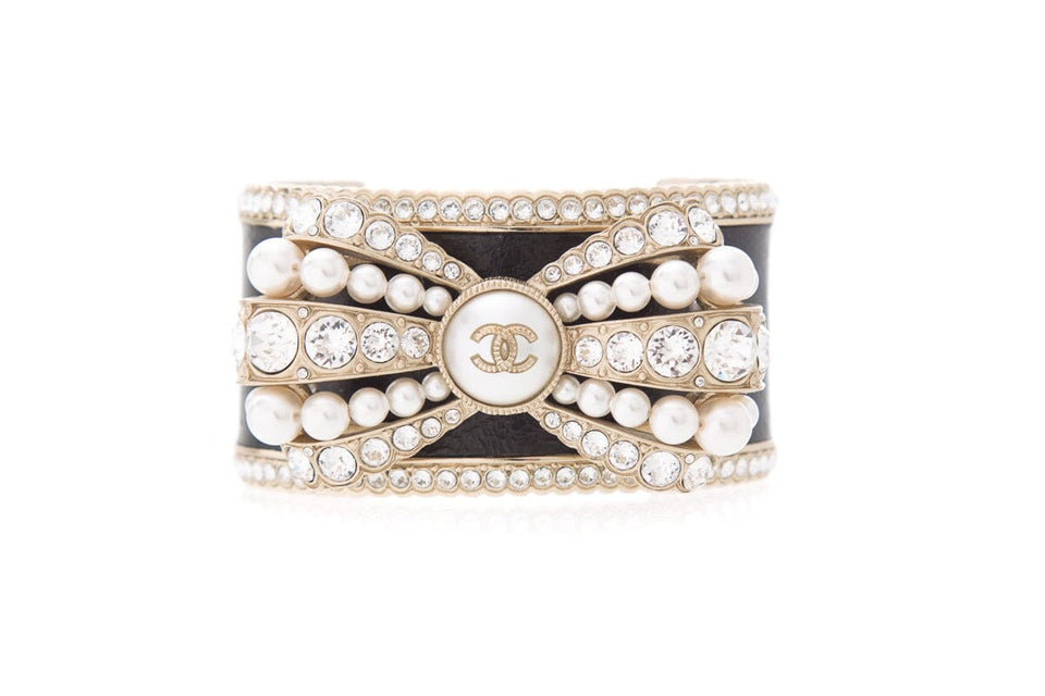 Chanel Black Rhinestone & Pearl Bow Cuff Bracelet