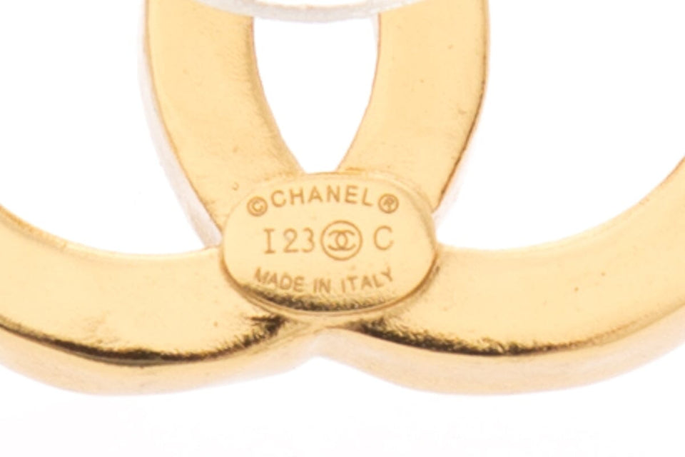 Chanel 2023 White & Gold Interlocking CC Stripe Stud Earrings