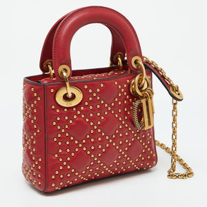 Dior Red Leather Mini Studded Supple Lady Dior Tote