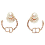 Dior Tribales Gold Metal Crystal Pave CD Orbital Faux Pearl Pin Earrings