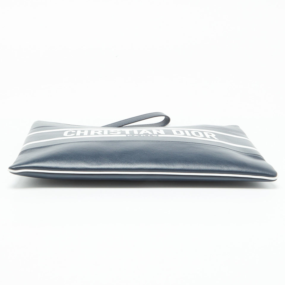 Dior Navy Blue/white Leather Logo Vibe Zip Clutch
